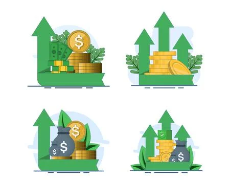 Flat vector illustration set showcasing dividend earnings, ROI growth. Stock Illustration