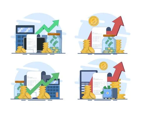 Flat vector illustration set showcasing money savings, savings accounts. Stock Illustration