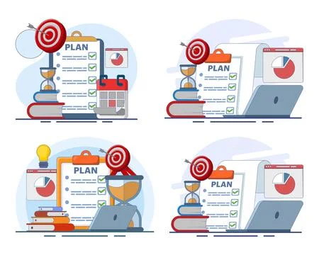 Flat vector illustration set showcasing business strategy, project planning. Stock-Illustration