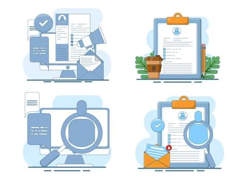 Flat vector illustration set showing employment process with CV screening 库存插图