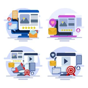 Flat vector illustration set showing internet content marketing Stock Illustration