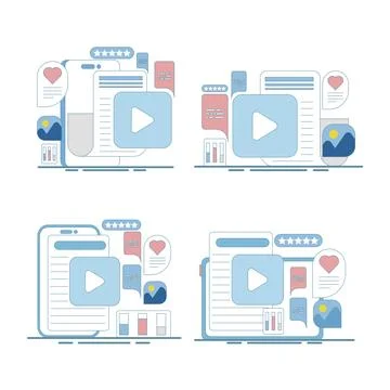 Flat vector illustration set showing video content for social media marketing Stock Illustration