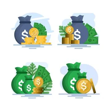 Flat vector illustration set showing stack of gold coins and cash bags Stock Illustration