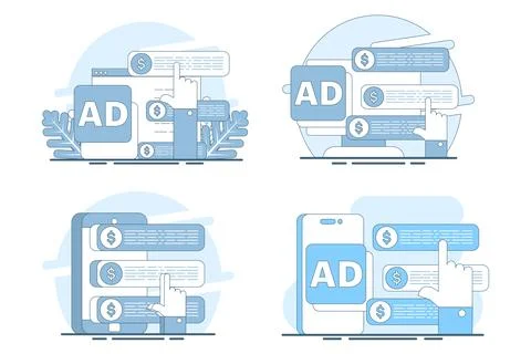 Flat vector illustration set showing targeted ads and PPC conversion strategy Stock Illustration