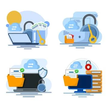 Flat vector illustration set showing cloud security system Stock Illustration