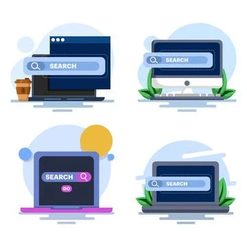 Flat vector illustration set showing laptop with search engine symbol Stock Illustration