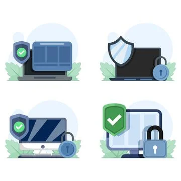 Flat vector illustration set showing laptop security protective shield design Stock Illustration
