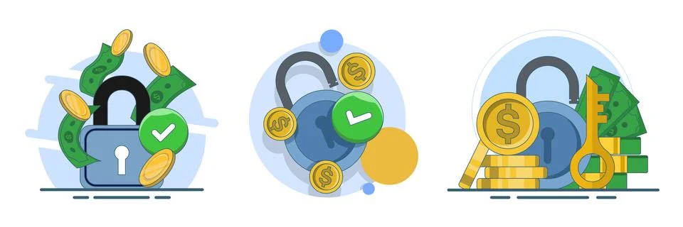 Flat vector illustration set showing locked cash and money security concept Stock Illustration