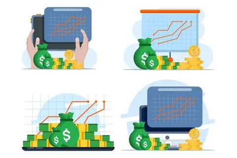 Flat vector illustration set showing business finance graph with money on screen Stock Illustration