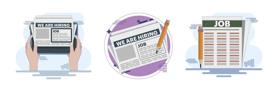 Flat vector illustration set showing job ads marked with pencil on newspaper イラスト素材