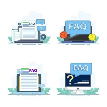 Flat vector illustration set showing frequently asked questions website page Stock Illustration