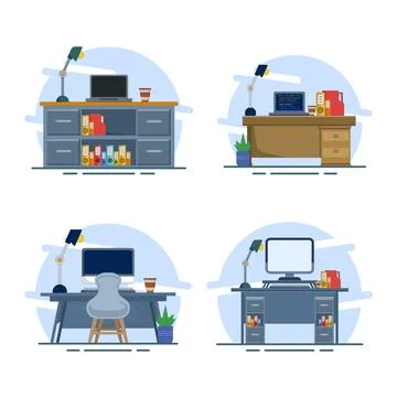 Flat vector illustration set showing professional work desk Illustrazione stock