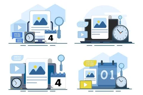 Flat vector illustration set showing content calendar, post scheduling Иллюстрация