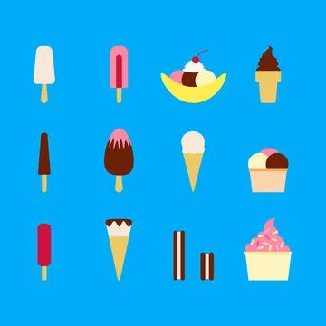 Flat vector illustration of set of various types of ice cream including froze Stock Illustration