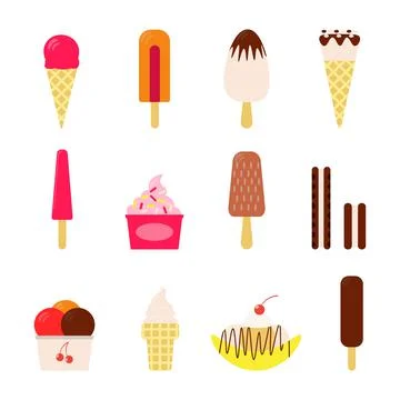 Flat vector illustration of set of various types of ice cream including froze Stock Illustration