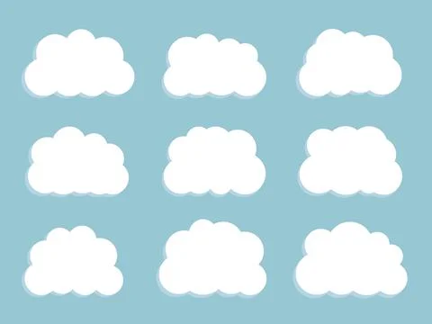 Flat vector illustration. Set of vector cartoon clouds on a blue background.. Stock Illustration