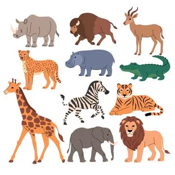 Flat vector illustration set of wild animals including rhinoceros, bison Stock Illustration