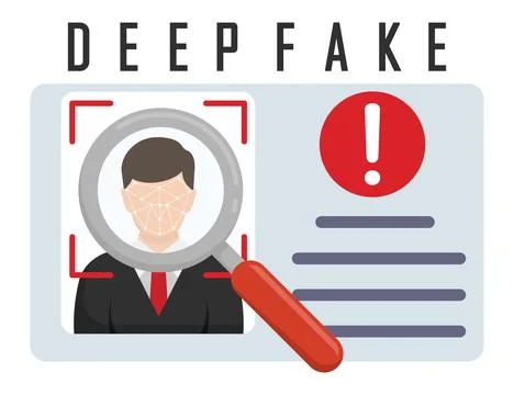 Flat vector illustration showing a magnifying glass inspecting a deepfake ID Illustrazione stock