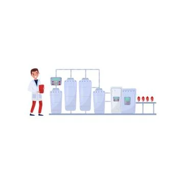 Flat vector illustration showing processing on milk factory. Automatic conveyor Illustrazione stock