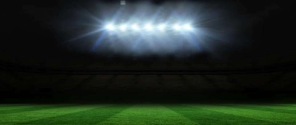 Flat vector illustration showing stadium floodlights lighting grass field and Stock Illustration