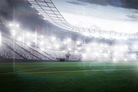 Flat vector illustration is showing stadium interior with green pitch and curved Stock Photos