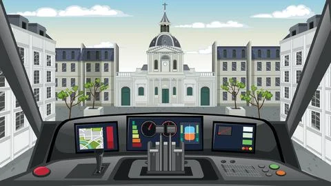 Flat vector illustration showing a vehicle dashboard overlooking a classic Eu Stock Illustration