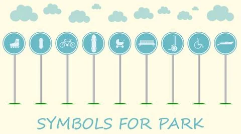 Flat vector illustration with signs for active leisure in the park Ilustración de archivo