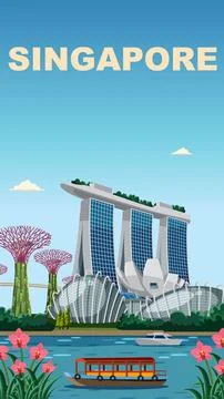 Flat Vector Illustration of Singapore Skyline with Marina Bay Landmarks Stock Illustration