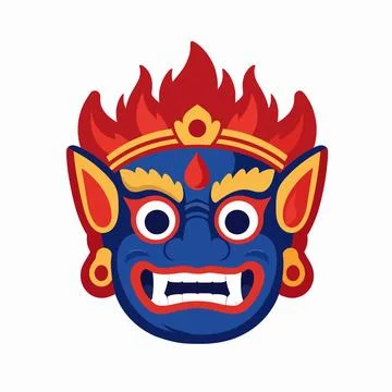 A flat vector illustration of a single Balinese Rangda demon mask featuring.. 库存插图