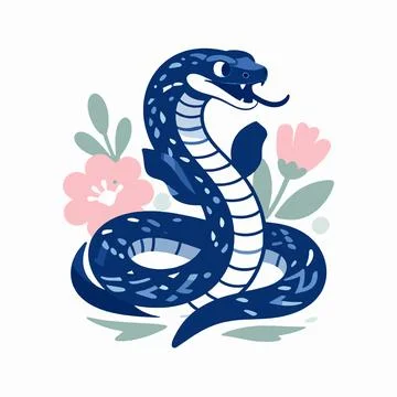 Flat vector illustration of a single blue serpent coiled with pink flowers,.. 库存插图