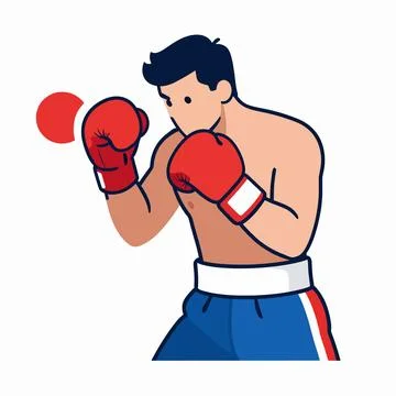 Flat vector illustration of a single muscular White male boxer in a dynamic.. 库存插图