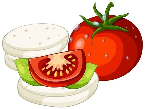 Flat vector illustration of sliced mozzarella cheese, fresh tomato, and basil Stock Illustration
