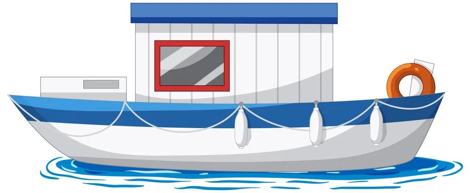 Flat Vector Illustration of a Small Blue and White Fishing Boat 库存插图