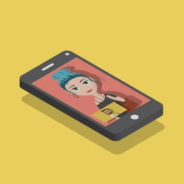 Flat vector illustration of a smart phone in isometric view during a video. Illustrazione stock