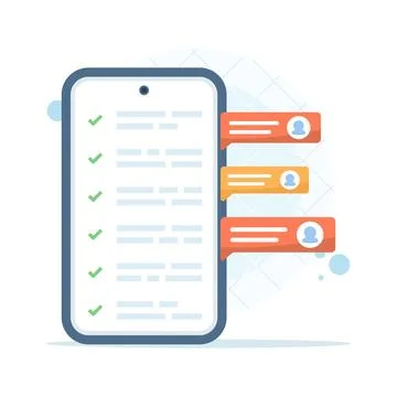 Flat vector illustration of smartphone with checklist app and chat bubbles Stock Illustration