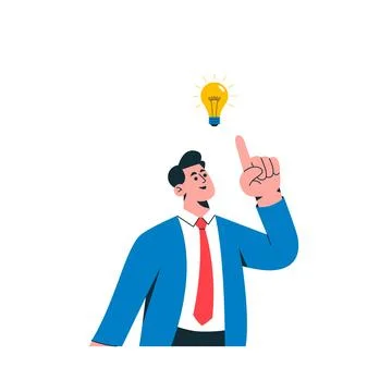 Flat vector illustration of a smiling businessman pointing up at a small gl.. Stock Illustration