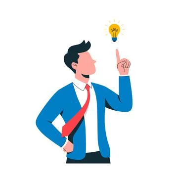 Flat vector illustration of a smiling businessman pointing up at a small gl.. Stock Illustration