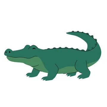 Flat vector illustration of a smiling crocodile with dark green body, light Stock Illustration