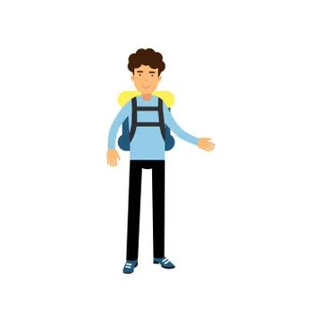 Flat vector illustration of smiling curly-haired boy teenager standing with Stock Illustration