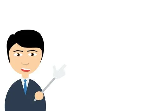 Flat vector illustration of a smiling handsome salesman talking to you as poi Stock Illustration