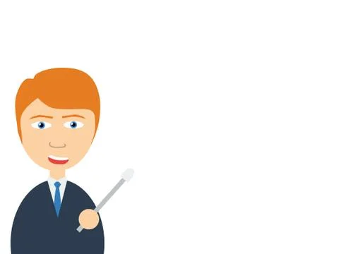 Flat vector illustration of a smiling handsome salesman talking to you as poi Stock Illustration