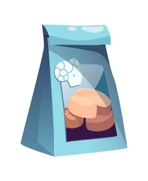Flat vector illustration of a snack bag with round brown biscuits inside a .. Illustrazione stock