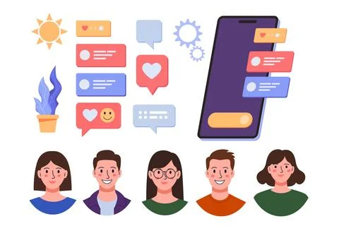 Flat vector illustration of a social media set featuring a smartphone, mess.. Stock Illustration