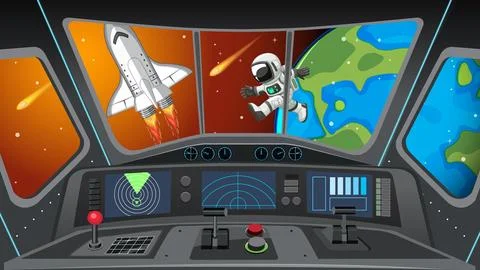 Flat vector illustration of spacecraft interior overlooking astronaut, shuttl Stockillustratie