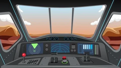 Flat vector illustration of spacecraft interior dashboard with radar screens  Stock Illustration