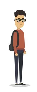 Flat vector illustration of student in red pullover with backpack. Student walk. Stock Illustration