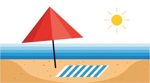 A flat vector illustration of a sunny beach scene featuring a red parasol, a Stock Illustration