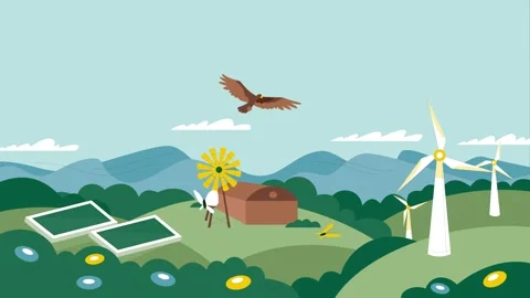 A flat vector illustration of a sustainable eco-friendly landscape featuring  Stock Footage 344459236