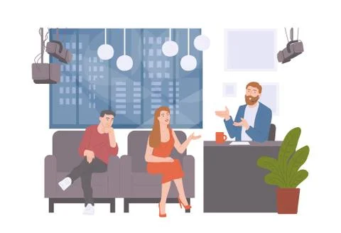 Flat vector illustration of talk show or interview TV live. Illustration
