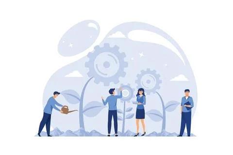 Flat vector illustration, teamwork on finding new ideas, little people laun.. Stock-Illustration